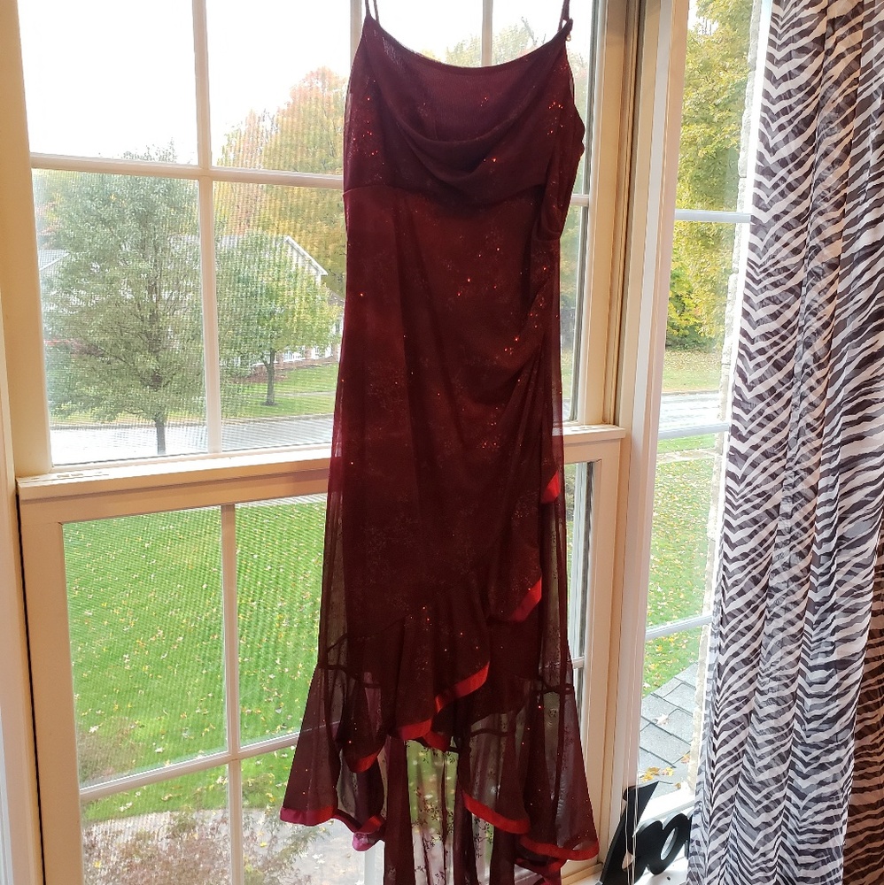 Purple dress, high-low bottom